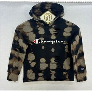 Champion Kids Distressed Hoodie SMALL Bleach Dyed Sweatshirt Pullover Black